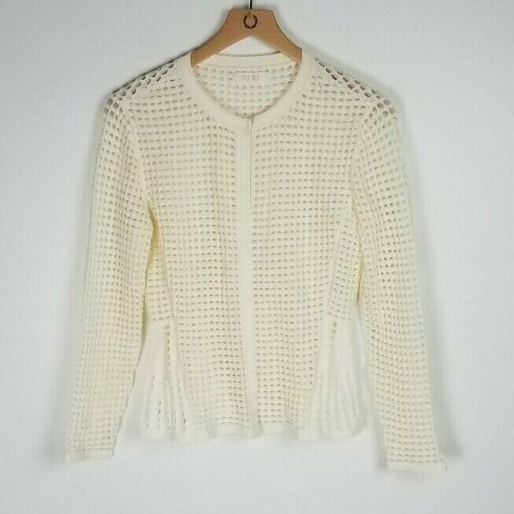 SJ SJ Young Artistic Casual Sz. S Ivory Stretchy Crochet Knit L/S Cardigan